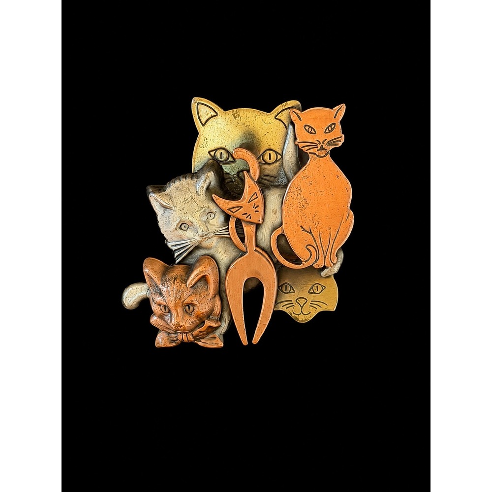 Vintage Mixed Metal Multi Cat Brooch Pin Copper Brass Silver Tone Feline Jewelry
